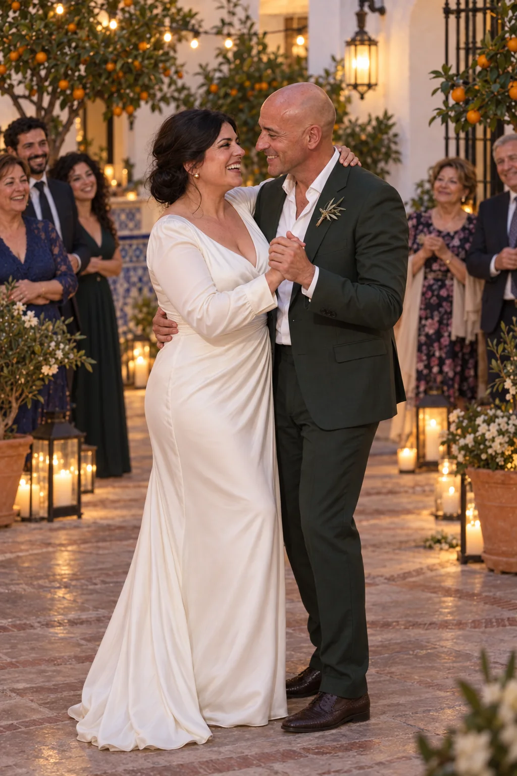 Carmen y Javier abrazados durante su primer baile. Escena de demostración generada con IA.