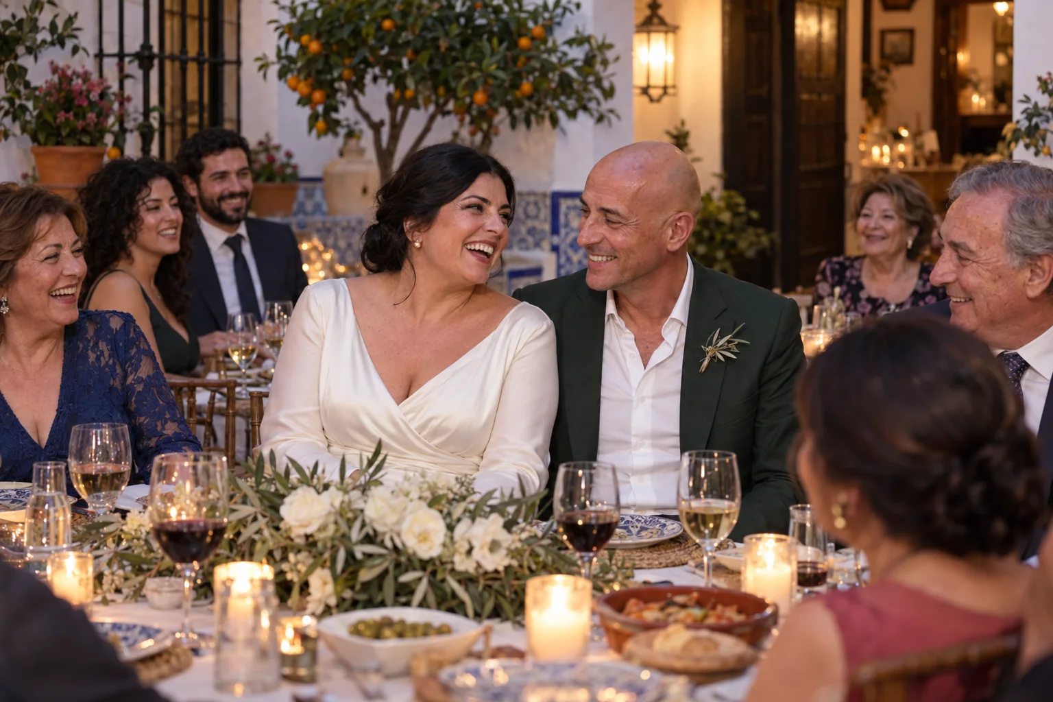 Carmen y Javier durante una cena en un patio iluminado. Escena de demostración generada con IA.