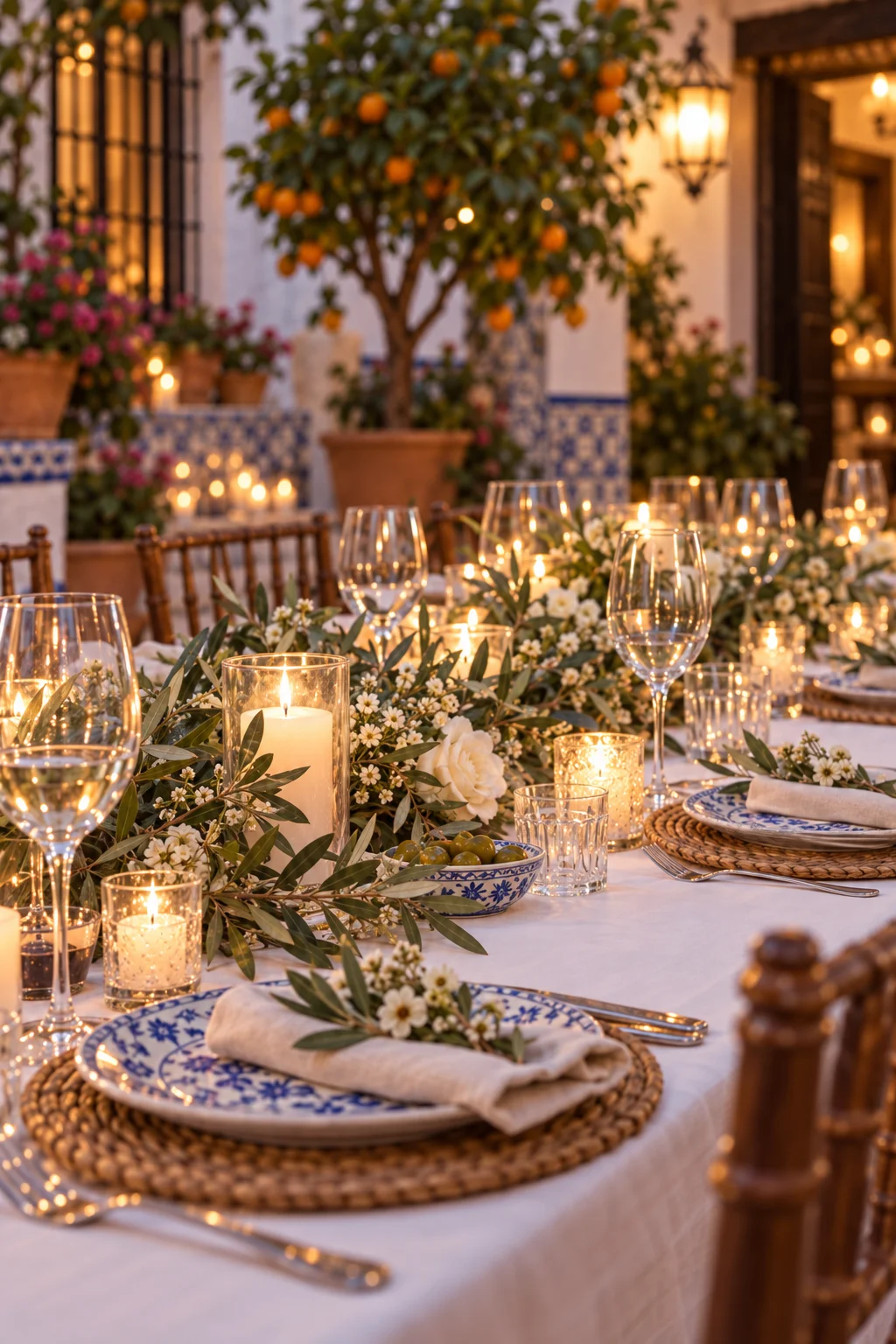 Candles, flowers and ceramics on an Andalusian patio table. AI-generated demonstration scene.