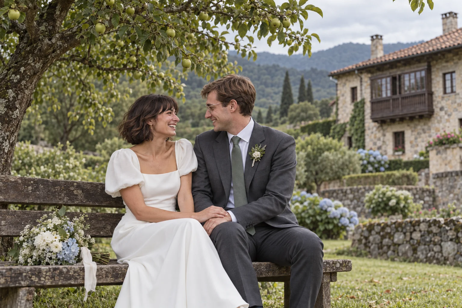 Lucía and Pablo sharing a smile beneath the apple trees. AI-generated demonstration scene.