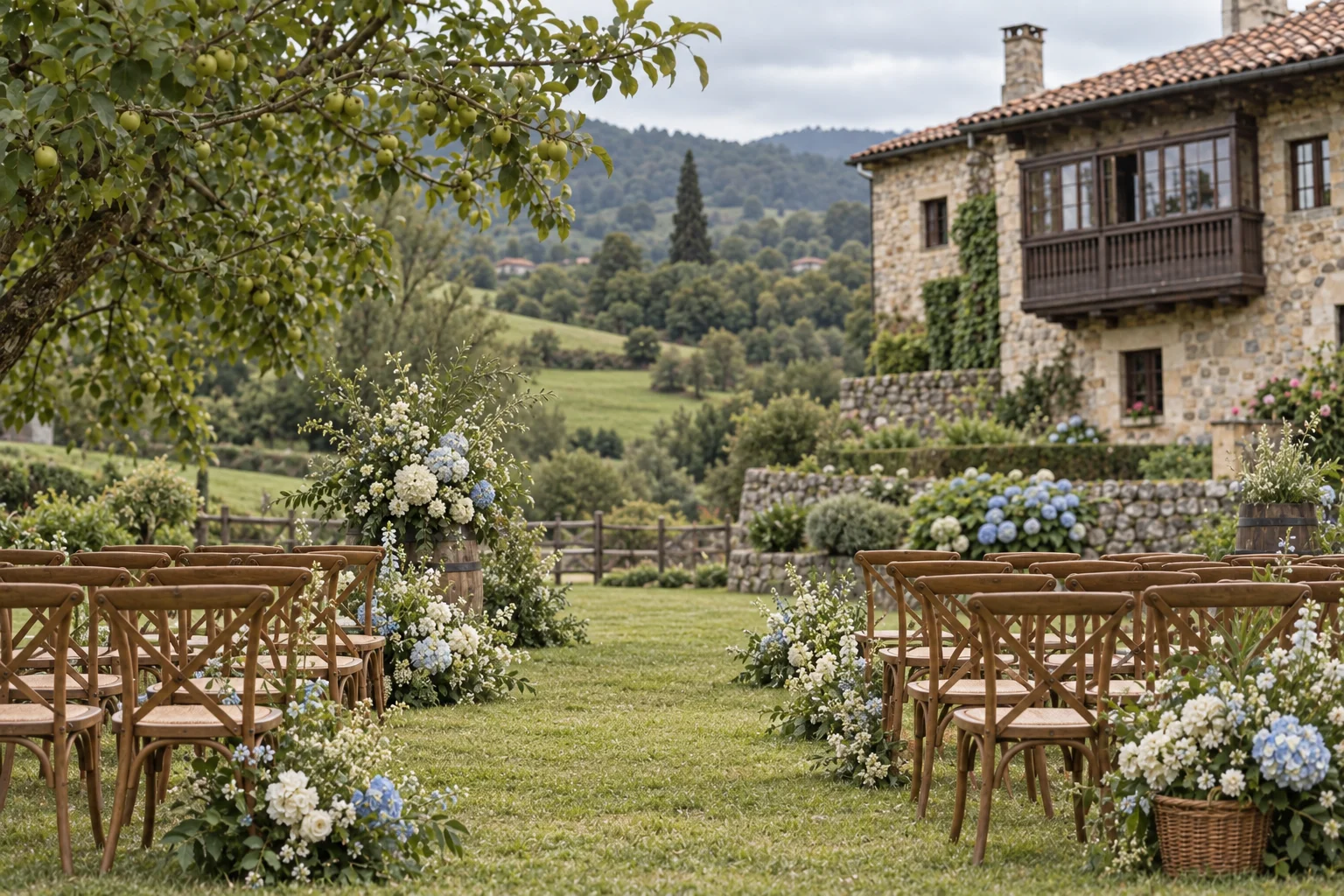 Orchard ceremony setting in front of a stone manor. AI-generated demonstration scene.