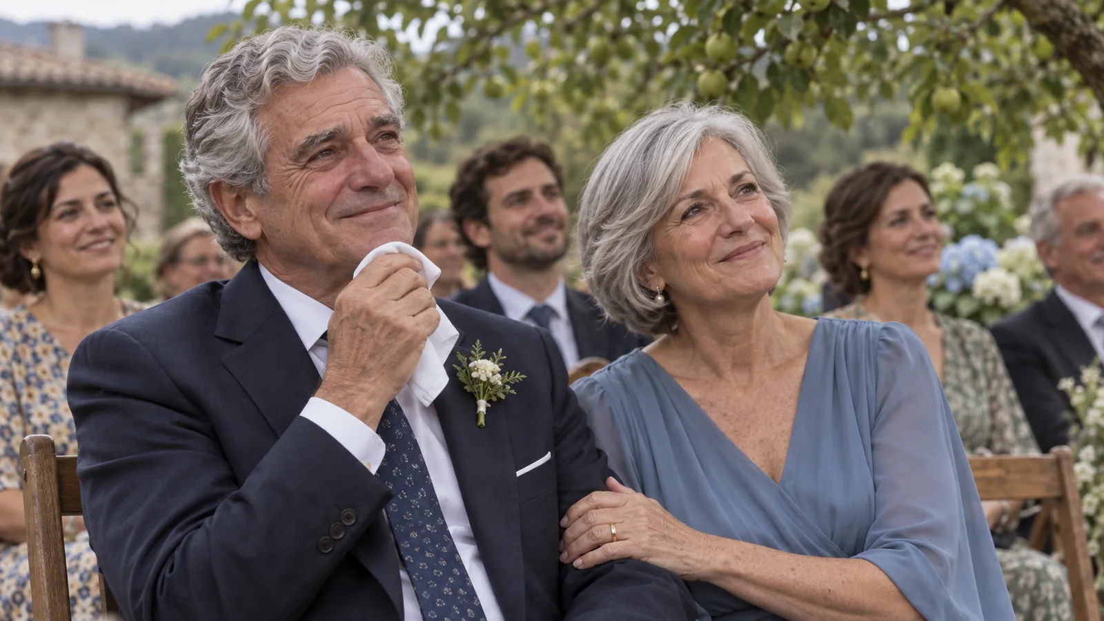 La emoción de los familiares durante la ceremonia. Escena de demostración generada con IA.