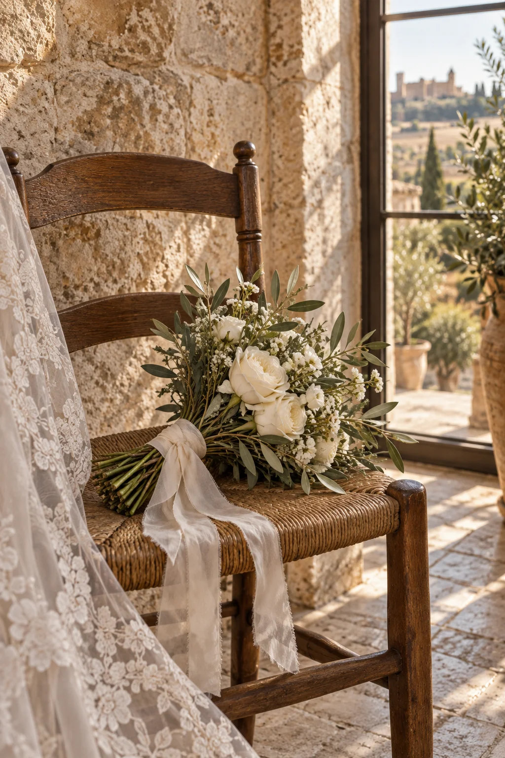 White rose and olive bouquet beside a lace veil. AI-generated demonstration scene.